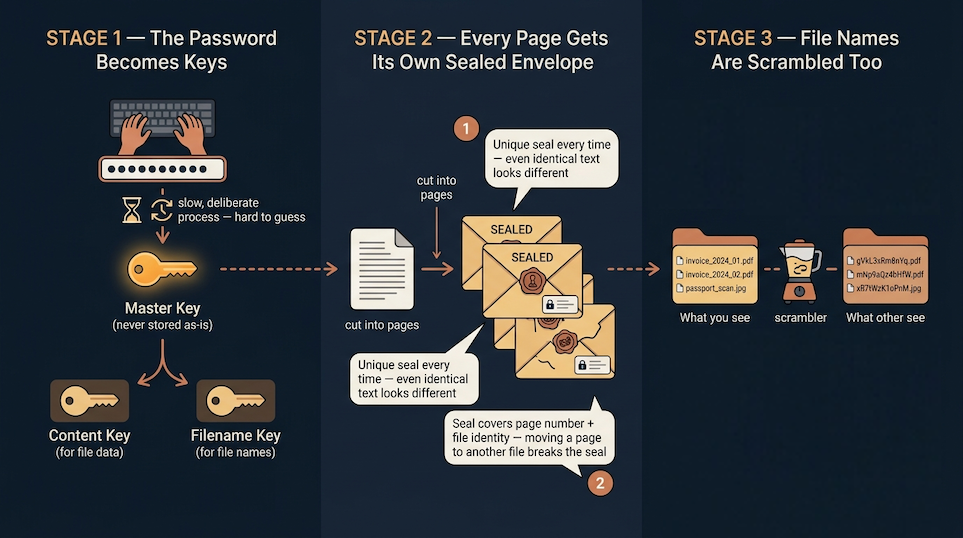Non-technical perspective on gocryptfs encryption: your password unlocks a transparent layer that encrypts every file before it reaches cloud storage, so you work with normal files while the cloud only ever sees scrambled ciphertext.